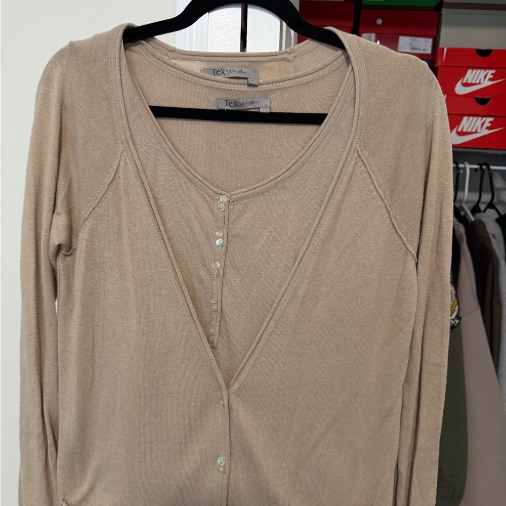 Tea Collection Layered Henley Cardigan in Light Tan